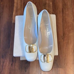 Salvatore Ferragamo White Flats with Gold Buckle